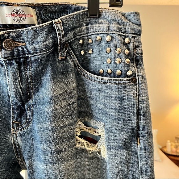 CULTURED REVOLUTION Kennedy Destroyed Jeans 36 Studded American Flag Blue Ripped - Picture 14 of 17
